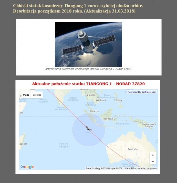 Chiński statek kosmiczny Tiangong 1 coraz szybciej obniża orbitę. Deorbitacja początkiem 2018 roku. (Aktualizacja 31.03.2018).jpg