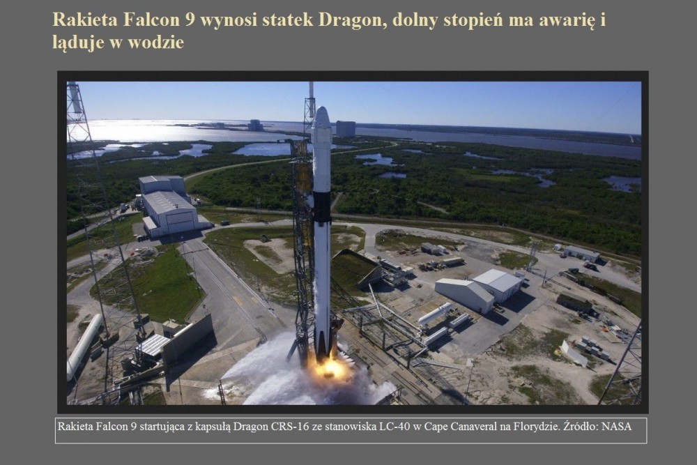 Rakieta Falcon 9 wynosi statek Dragon, dolny stopień ma awarię i ląduje w wodzie.jpg