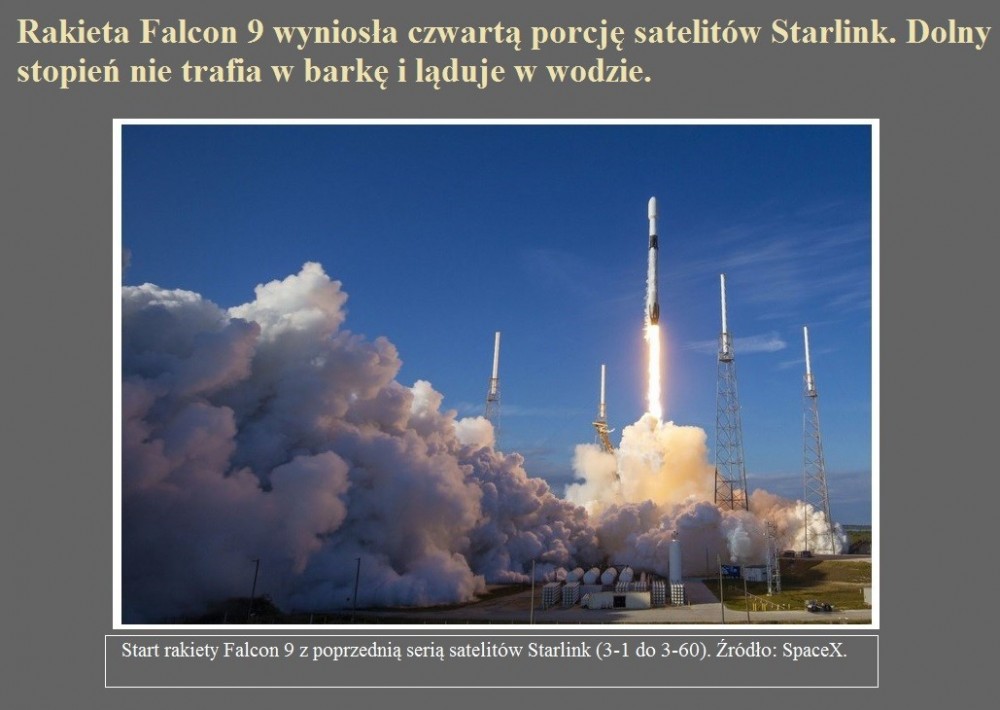Rakieta Falcon 9 wyniosła czwartą porcję satelitów Starlink. Dolny stopień nie trafia w barkę i ląduje w wodzie..jpg