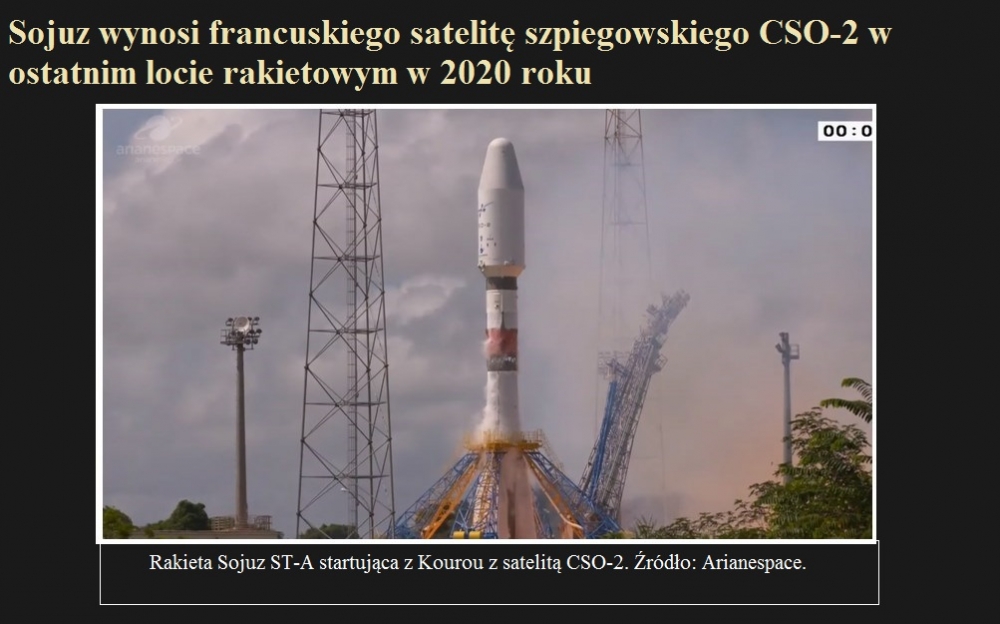 Sojuz wynosi francuskiego satelitę szpiegowskiego CSO-2 w ostatnim locie rakietowym w 2020 roku.jpg