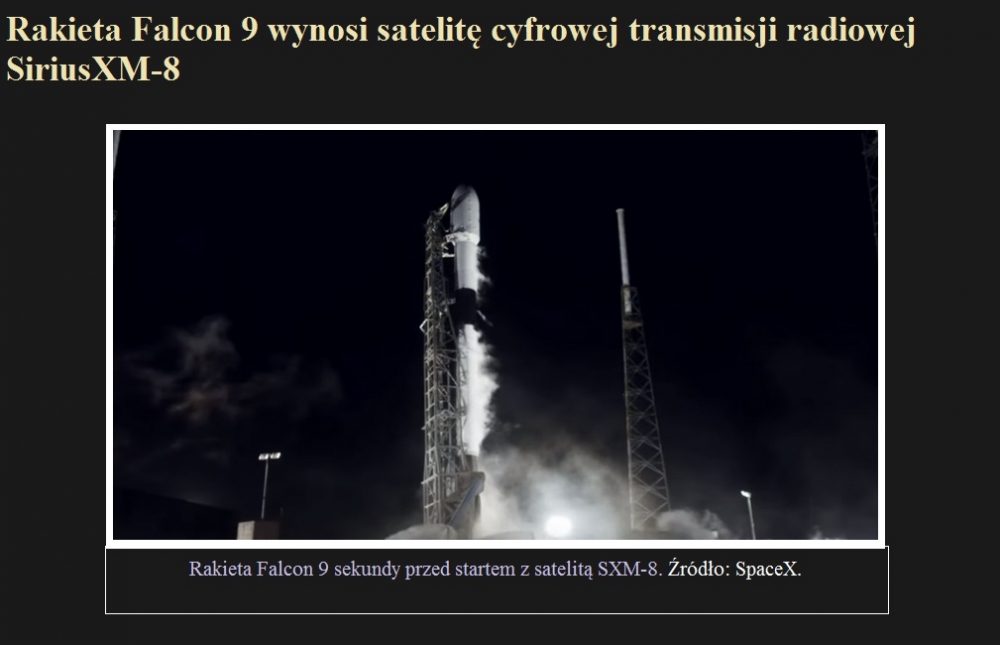 Rakieta Falcon 9 wynosi satelitę cyfrowej transmisji radiowej SiriusXM-8.jpg