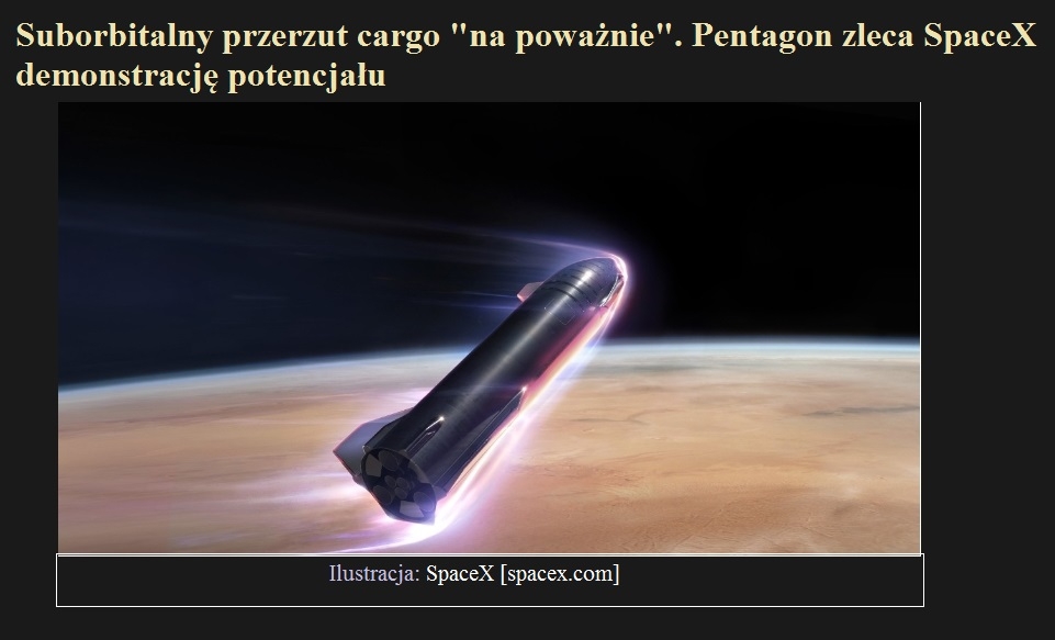 Suborbitalny przerzut cargo na poważnie Pentagon zleca SpaceX demonstrację potencjału.jpg