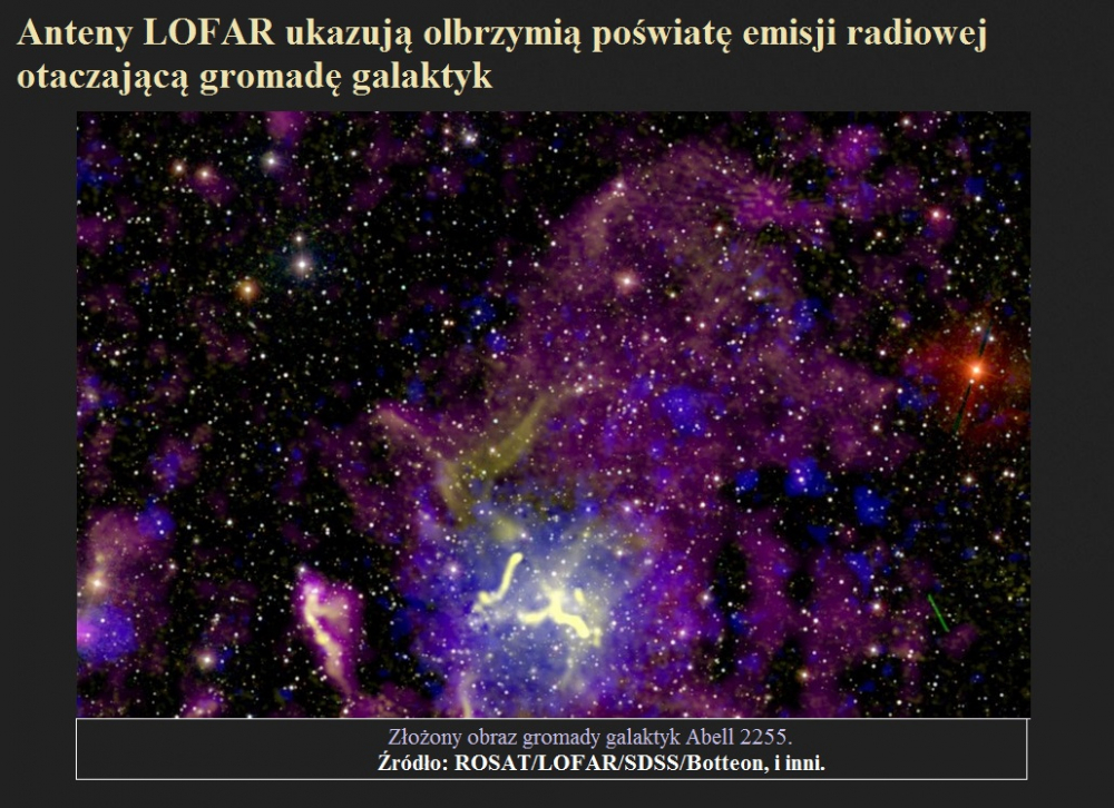 Anteny LOFAR ukazują olbrzymią poświatę emisji radiowej otaczającą gromadę galaktyk.jpg