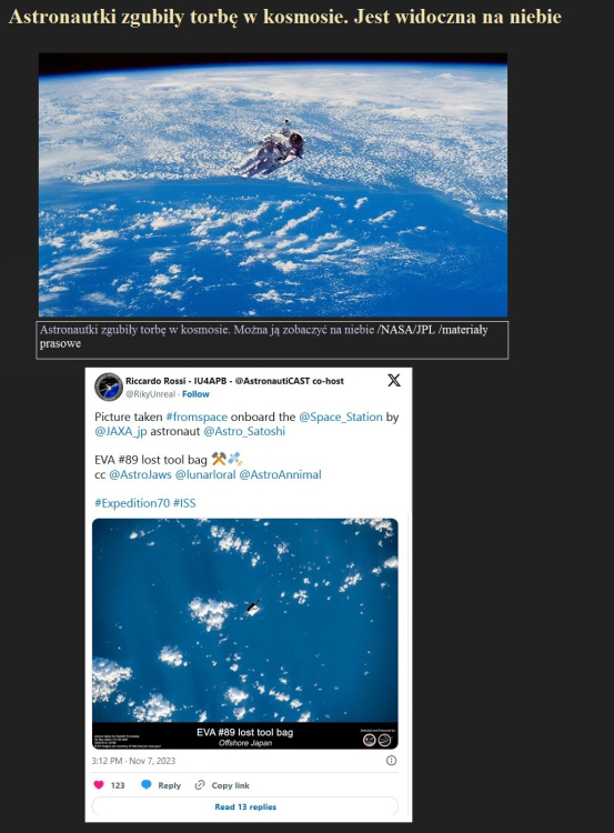 Astronautki zgubiły torbę w kosmosie. Jest widoczna na niebie.jpg